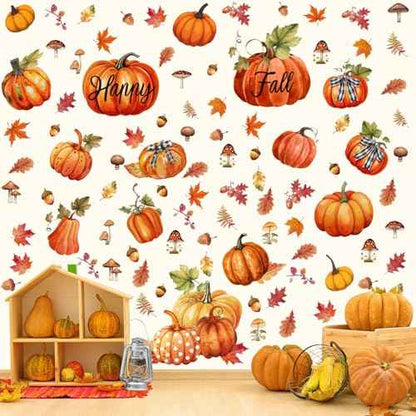 Eersida 6 Sheets 89 Pcs Thanksgiving Wall Decals Fall Oil Painting Pumpkin Wall Decals Maple Leaves Stickers for Thanksgiving Glass Autumn Home Decor and Fall Decoration Kitchen Living Room