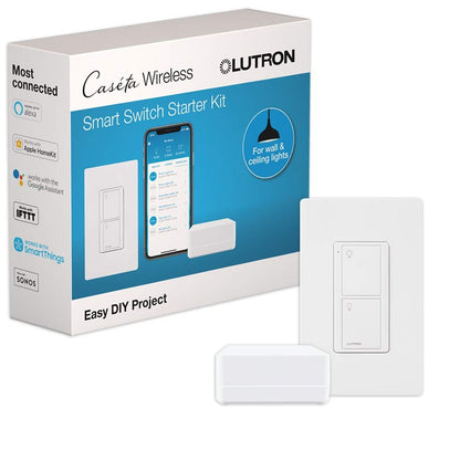 Lutron Caseta Smart Switch 3-Way Kit, with Pico Remote, Wallplate, Wall Bracket for LED Lights and Fans, 5 Amp, Neutral Required, P-PKG1WS-WH