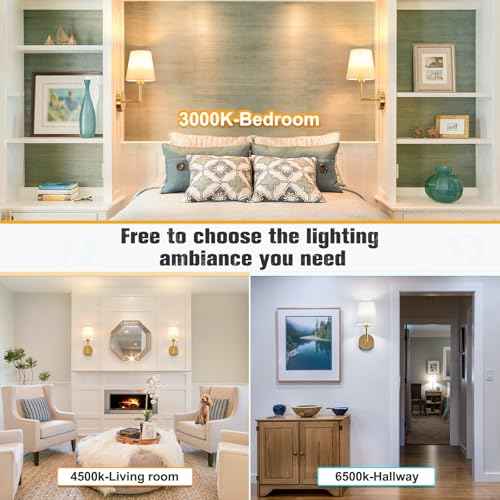 VOLISUN Battery Operated Wall Sconce Set of Two,Gold Wireless Sconces with Romote and Rechargeable Bulbs,9 Colors Indoor Wireless Wall Lights for Bedroom Living Room Hallway