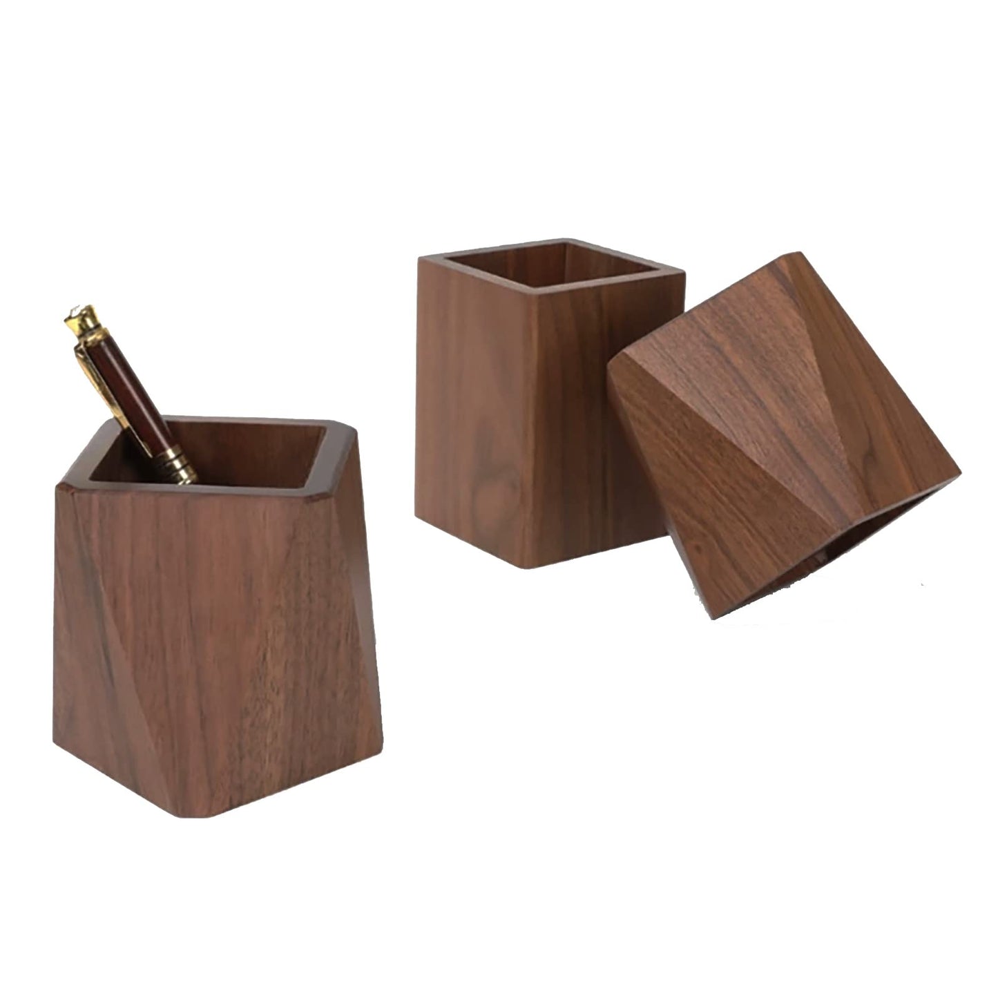 Soseelnee Black Walnut Wooden Pencil Box, Multiple-Use Desk Writing Stationary Organizer Wood Pen Holder Cups Office School Supplies Storage (Square Shape)