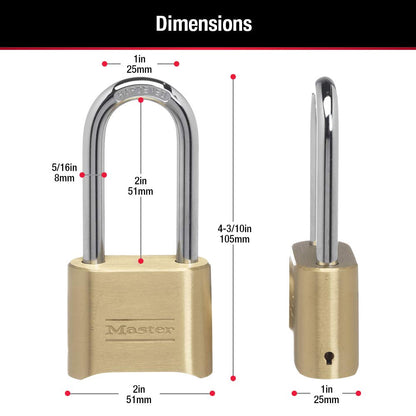 Master Lock Brass Combination Lock, Gate Lock for Outdoor Fence or Shed, Customizable Combination Padlock with Extended 2-1/4-Inch-Long Shackle, 2 Pack, 175LHEC2