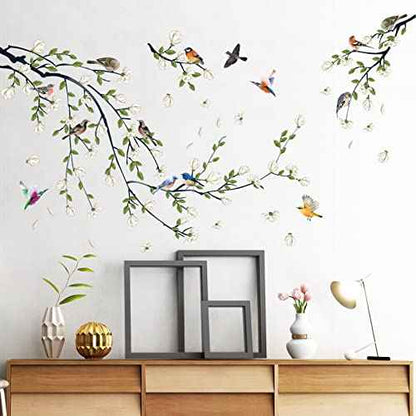 Green Vine Wall Decal White Flowers and Birds on Branch Natural View Wall Sticker DIY Detachable Peel and Stick Wall Art Mural for Living Room Bedroom offcie Home Decor