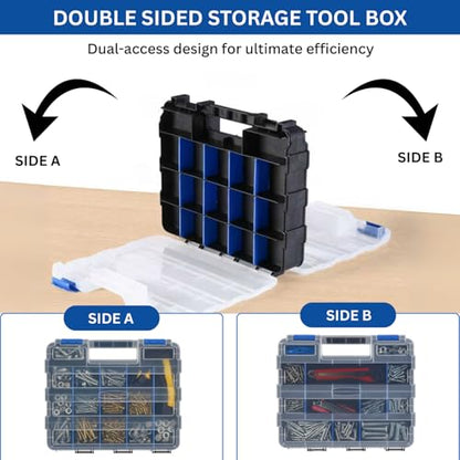 Andalus Tools Organizer Box, Small Parts Storage 34-Compartment Double-Sided Portable Hardware Organizer Removable Plastic Dividers for Screws, Nuts, Bolts, Nails ? Blue (2 Pack, 12.5" x 10.5" x 3")