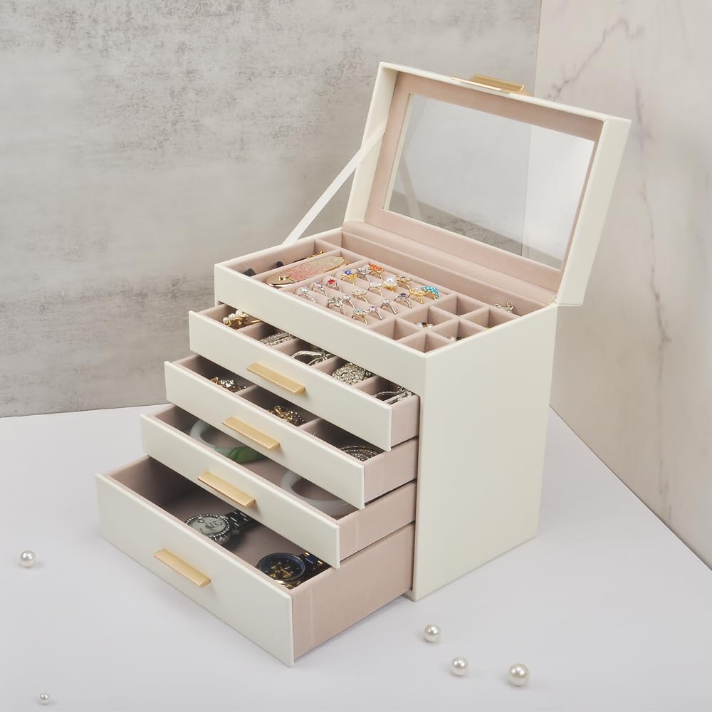 GYJOYERO Jewelry Box with Glass Lid 5 Layers Jewelry Orangizer Women Girls PU Leather Jewellery Hold Storage Large Case 4 Drawers big Jewelry Display GY822 (White)