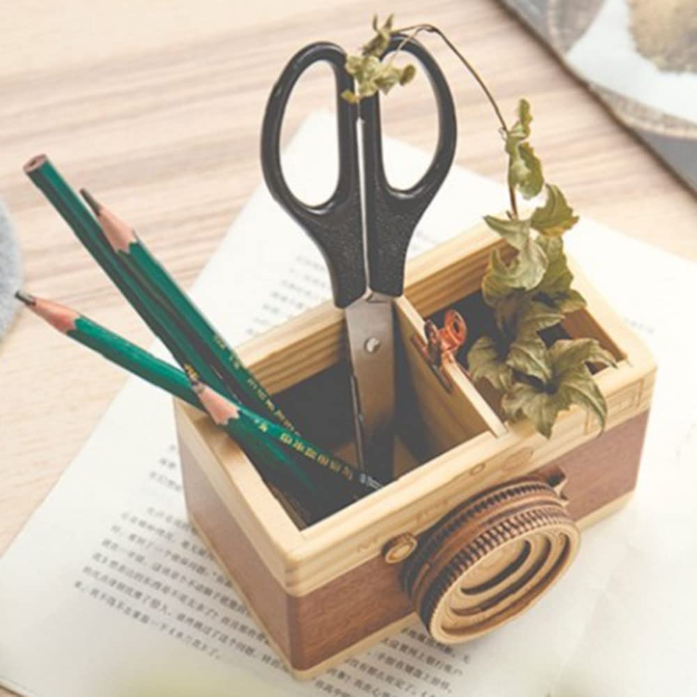 Leadigol Camera Wooden Pencil Holder,Desktop Pencil Holder Gift Makeup Organizer Double-layer Crafts Creative Camera Multi Purpose Use Desk Accessories