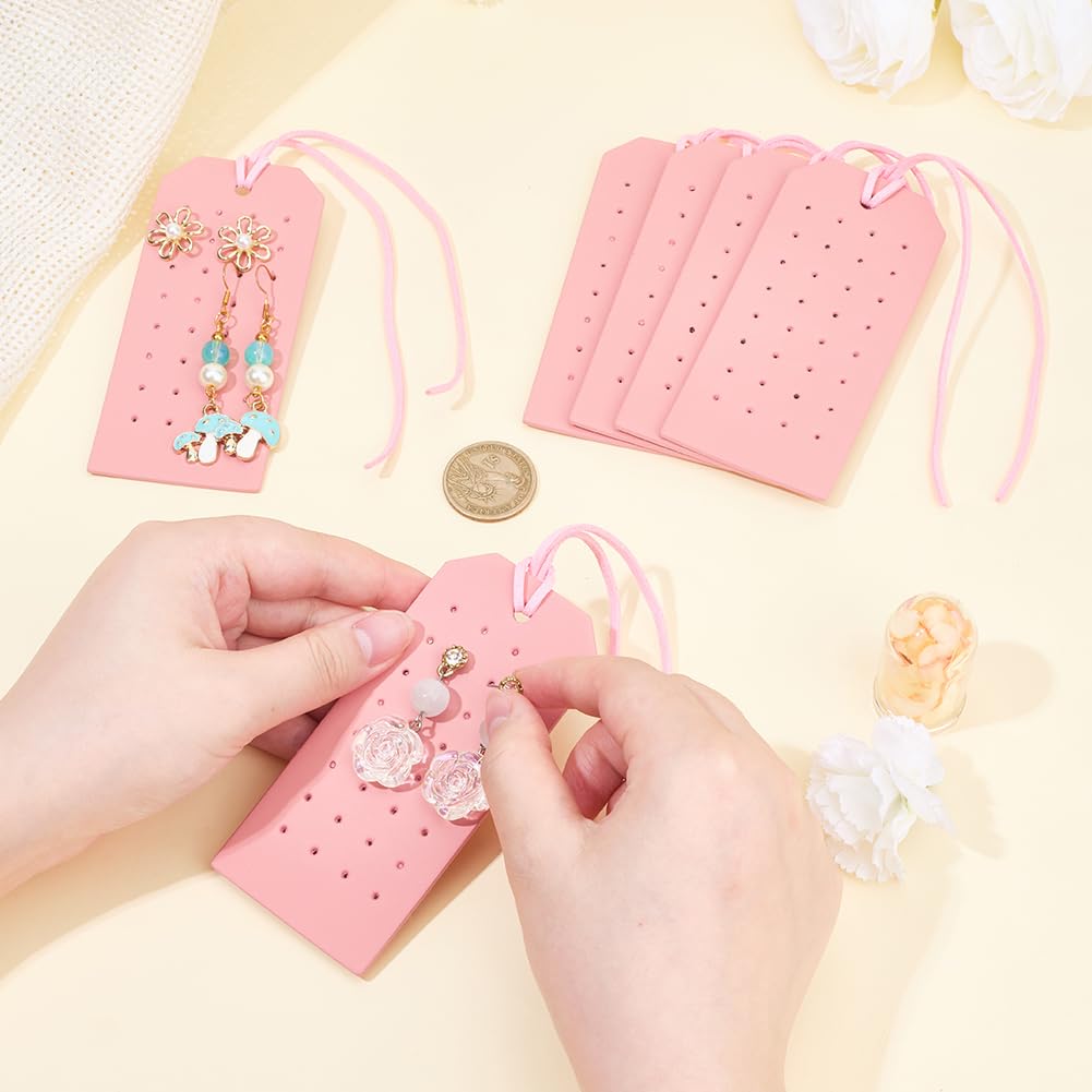 CALFOVERA 6Pcs Rectangle Pierced Stud Display Cards 32 Holes Portable PU Leather Earring Holders 4.3x2.2 Inch Earring Organizer Hanging Case with Cord for Women Travel Jewlery Storage (Pink)