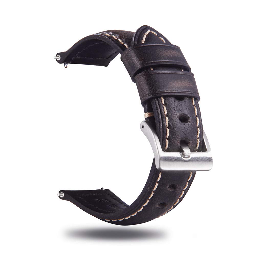 Berfine 18mm Quick Release Retro Leather Watch Band,Vintage Oil-tanned Pull-up Leather Watch Strap Replacement,Black Brown