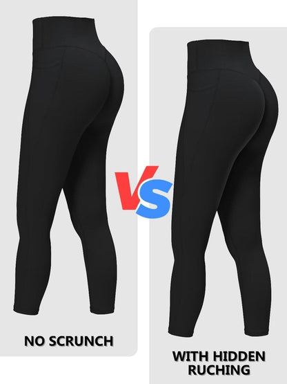 Sunzel Invisible Butt Scrunch Workout Leggings with Pockets for Women, No Front Seam Booty Gym Yoga Pants with Tummy Control 28" Forest Green Large