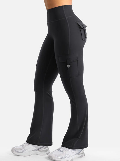 YEOREO CoreFlex Women Workout Flare Leggings with Pockets Scrunch Cargo Gym Yoga Leggings Black L