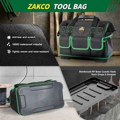 ZAKCO 16 inches Top Opening Tool Tote, 1680D Durable Tool Organizer for Plumber, Electrician, Handyman, HVAC Technicians Tool Bag, Tool Carrying Case with Padded Strap, Green