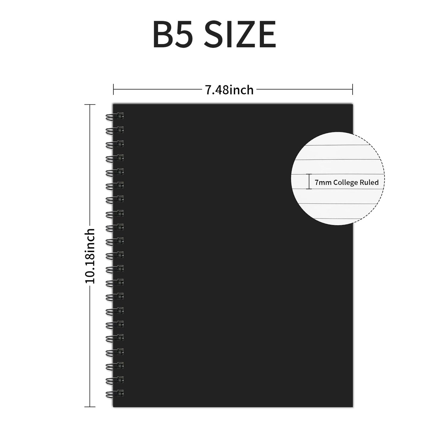 Ouzoustate Lined Spiral Notebook B5 Black Journal 7.48'' X 10.18''-4 Pack 7mm College Ruled Hardcover Notebooks 160 Pages 100GSM Thick Paper for Note Taking School Office Supplies