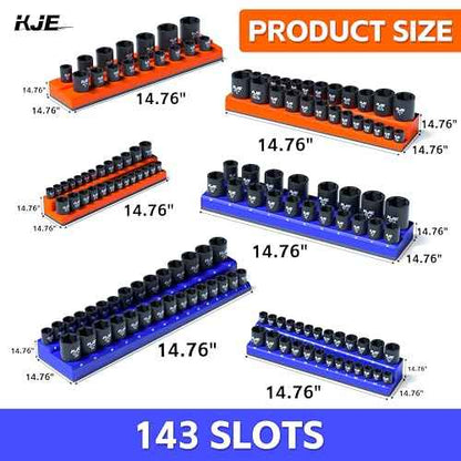 KJE Magnetic Socket Organizer Set 6 Piece, Magnetic Socket Holder Includes 1/4", 3/8", 1/2", Holds 143 Pieces Metric and SAE Socket Trays for Tool Box Drawer