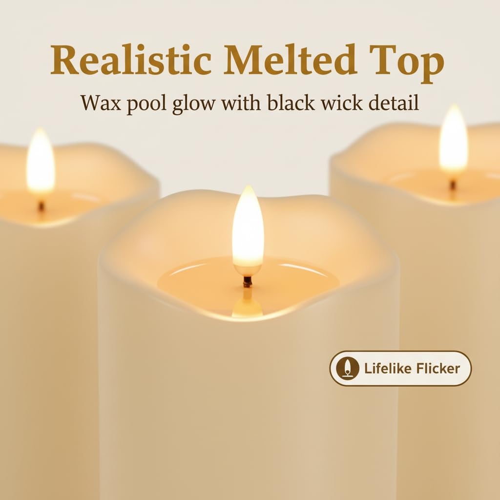 ANGELLOONG Flameless Candles with Remote, Flickering Battery Operated Pillar LED Candles with 4/5/6/8H Timer for Bridal Shower, Wedding Table Decor, Home Decor, Set of 3