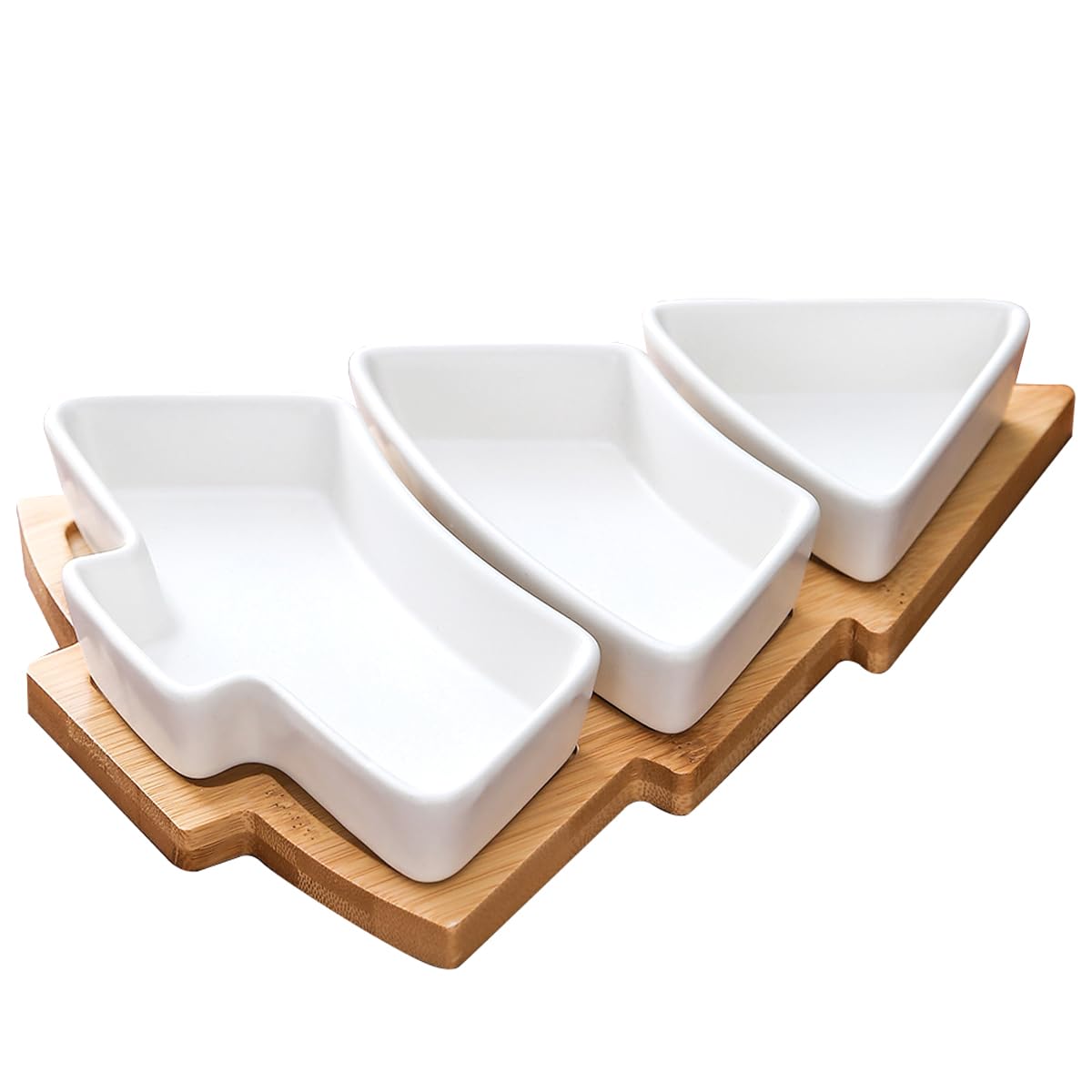 Loticy White Tree Plates Chip & Dip Set, 11 Inches Ceramic Snack Plate with Bamboo Tray, Removable Porcelain Christmas Tree Appetizer Dessert Fruit Salad Saucers Bowl, Cutlery Platter Serving Dish