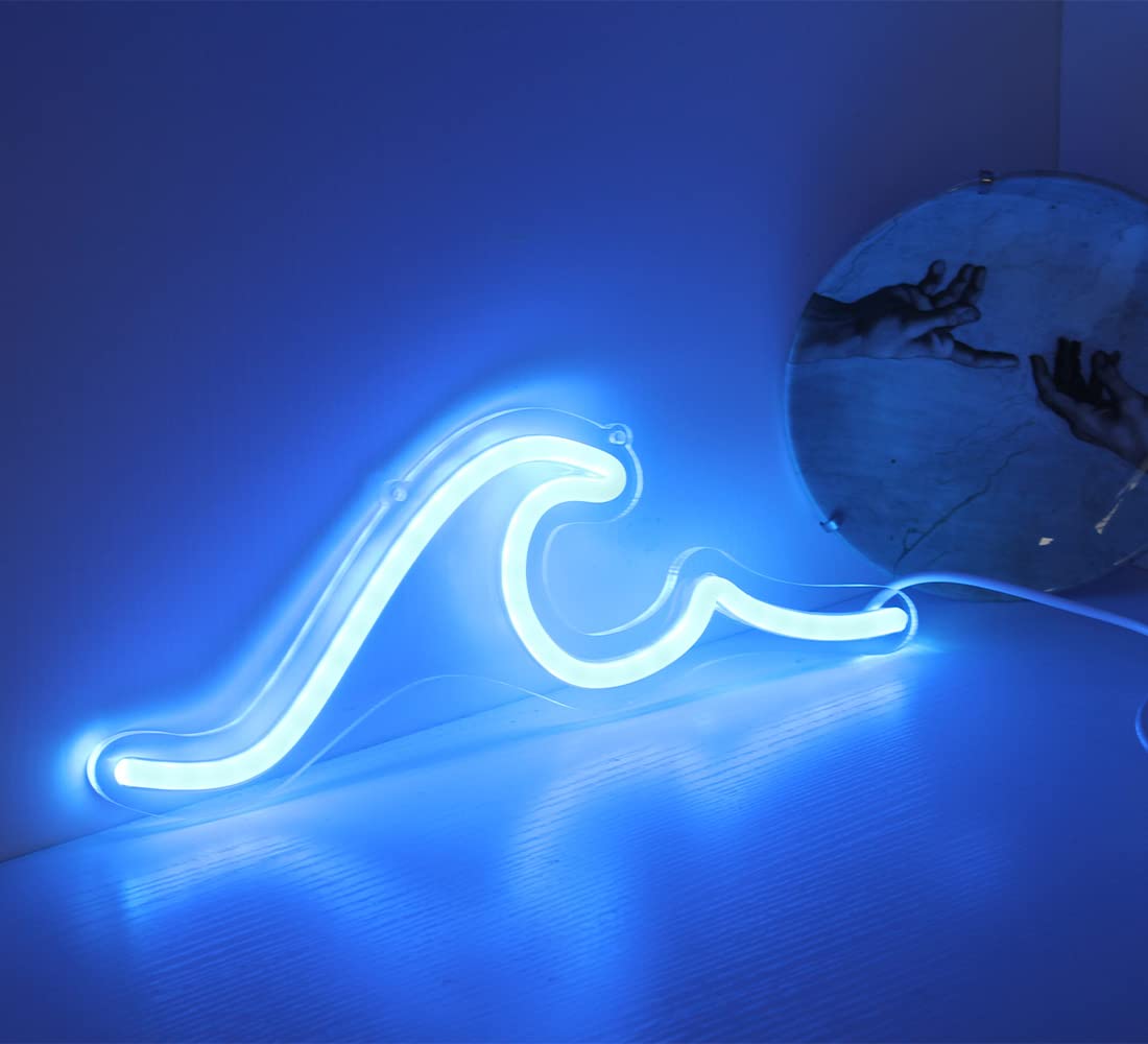 Wave Neon Signs Blue LED Night Lights With Dimmable Switch For Kids Wall Decor USB Powered For Living Room Bar Bedroom Boys Girls Christmas Gift(11 * 3.9")