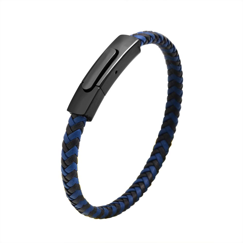 Geoffrey Beene Men's Braided Genuine Leather Fashion Bangle Bracelet with Stainless Steel Clasp (Blue)