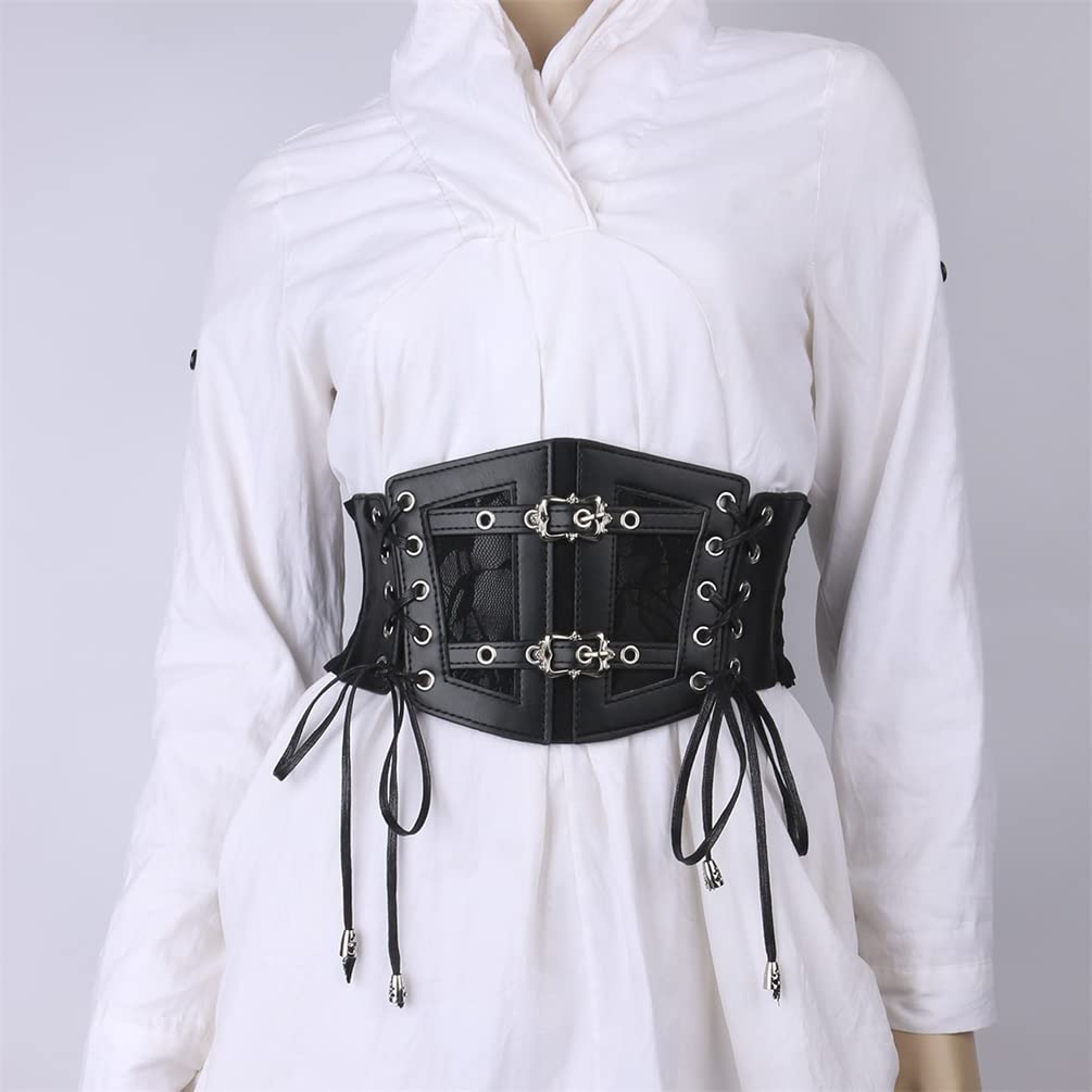 Sup-Coente Goth Black Wide Waist Belt Women Leather Elastic Stretch Corset Belt Gothic Punk Victorian Pirate Alt Emo Fashion