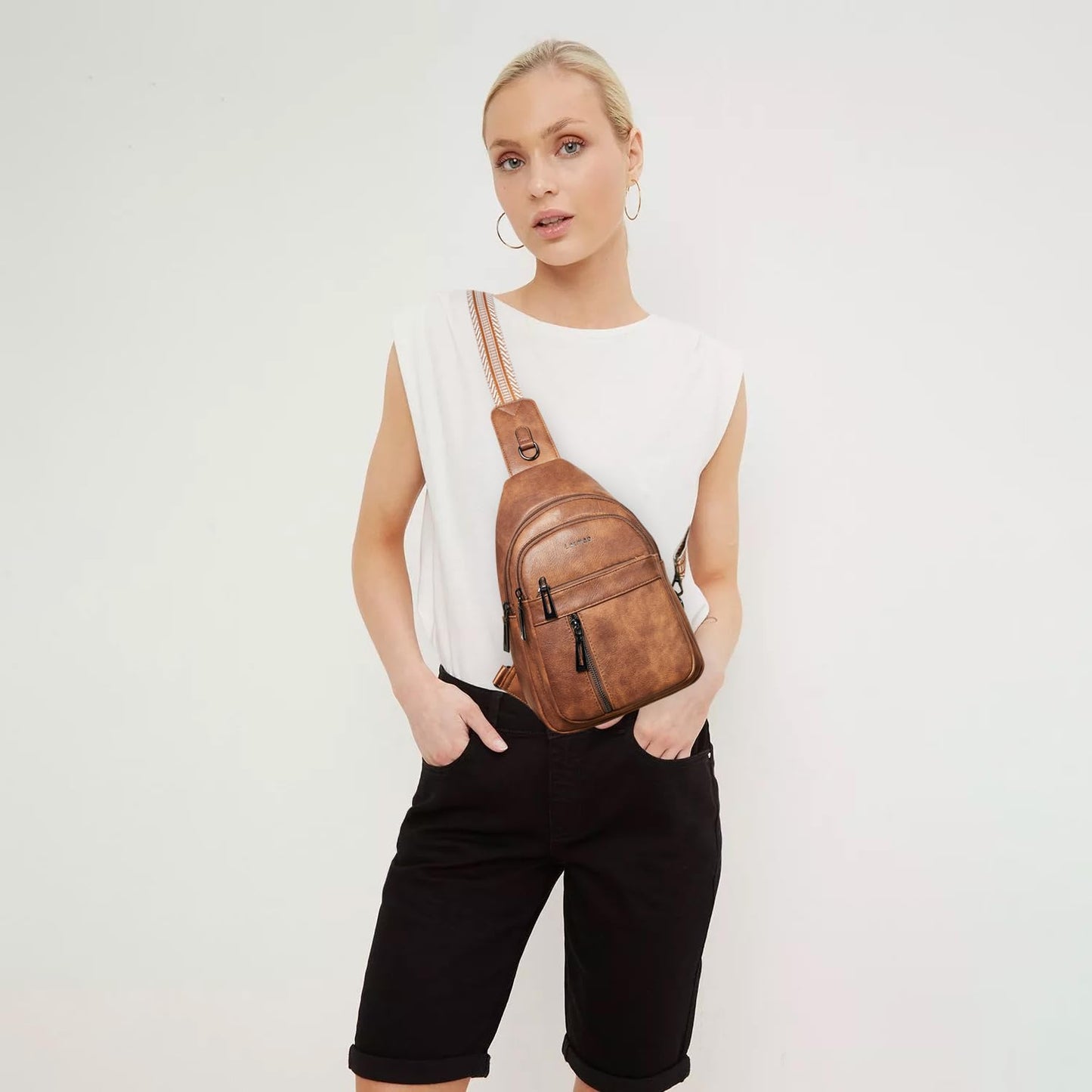 LATMAP 7L Sling Bag For Women Men Backpack Fanny Pack Crossbody Chest Travel Shoulder Belt Bags Purse Handbag PU Leather Brown