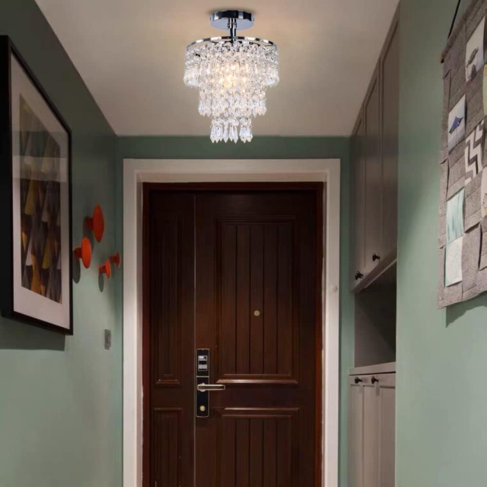 FRIXCHUR Small Crystal Chandelier Led Crystal Ceiling Lights 3 Tiers Crystal Raindrops Chandelier Pendant Lighting Fixture Decoration for Bedroom Hallway Living Room,Chrome, E26