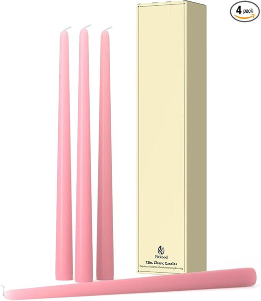 12-Inch Tall Dripless Taper Candles Set of 4 - Pink Tapered Candles, Perfect for Spring - Smokeless, Unscented, Long Burning - Hand Poured, Colored Tall Candlesticks - Light Pink