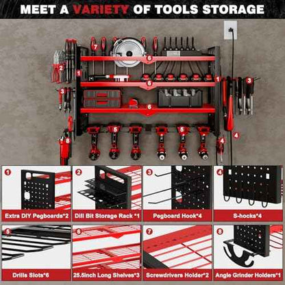 Power Tool Organizer Wall Mount with Charging Station 4 Layer 6 Slot Cordless Drill Holder with Angle Grinder Holder (Red)