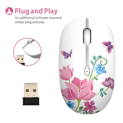 TENMOS M101 Wireless Mouse Cute Silent Computer Mice with USB Receiver, 2.4G Optical Wireless Travel Mouse 1600 DPI for Laptop, Notebook, PC, Computer (Butterfly)