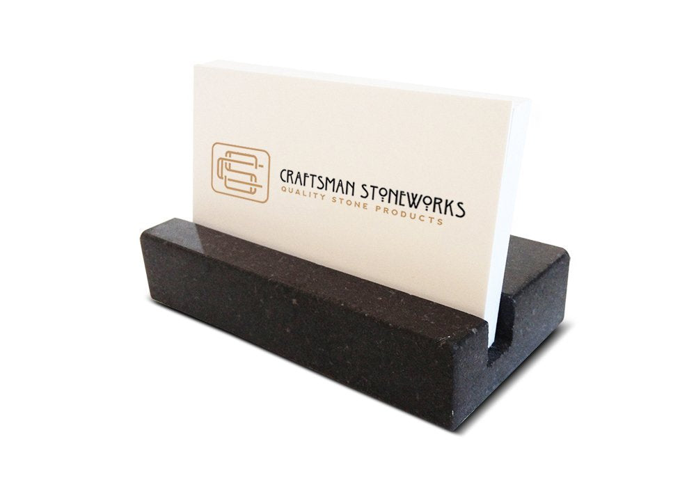 Craftsman Stoneworks Business Card Holder for Desk - Honed Black Absolute Granite Display for Cards, Desktop Business Card Stand for Home or Office. Handmade in California.