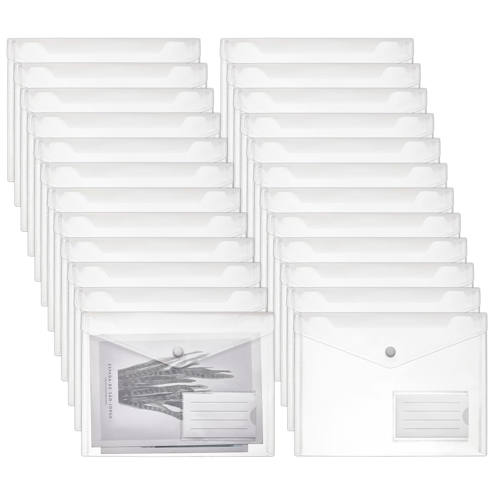 FINGERINSPIRE 24 Pcs Clear A5 Plastic Envelopes 9.25x7.08inch Transparent Document Storage Bags Snap Button File Pockets for School, Office & Home Organization Waterproof A5 Plastic Envelopes