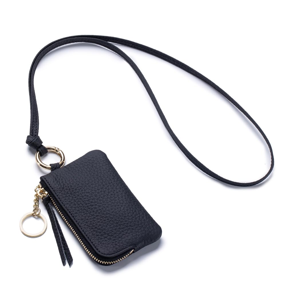 LnxLtw Leather Coin Purse for Women with Keychain & Wrist Strap – Small Zipper Coin Pouch, Mini Change Wallet, Slim Travel Key Pouch with Gift Box (Black)