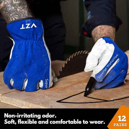 12 Pairs Bulk Leather Work Gloves for Men or Women for Construction, Wood cutting, Driving, Gardening, Automotive Repair