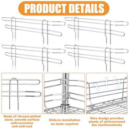 4 Pcs Chrome Wire Shelf Ledge 18" L x 4" H Wire Shelving Side Ledge Metal Shelves Accessories Pantry and Garage Storage (Silver)