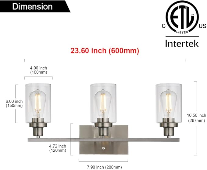 MELUCEE 3 Lights Wall Sconce Brushed Nickel Finished Modern Bathroom Vanity Light Fixtures with Clear Glass Shade Suit for Porch Bedroom Foyer Kitchen (Patent No.: US D963914 S)