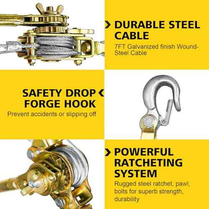Come Along Winch Puller 3T 10FT, Cable Hoist Winch Puller with 2 Hooks, Come Along Tool Heavy Duty, Ratchet Puller for Lifting Pulling Construction Building