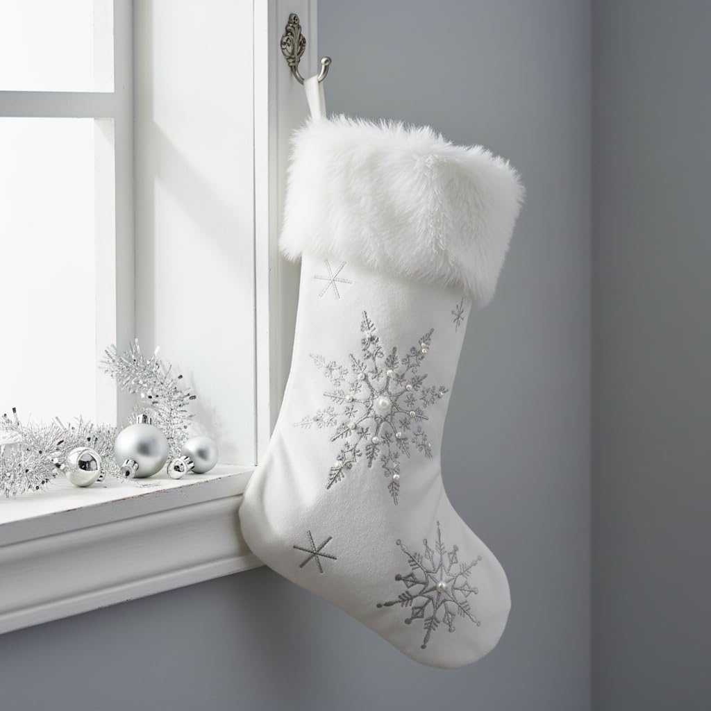 Comfy Hour 18" White Velvet Christmas Stocking, Soft Snowflake Embroidery with Faux Fur Trim, Elegant Holiday Mantel Hanging Decor, Winter Celebration Accent, Artisan Crafted Textile, 1 Unit