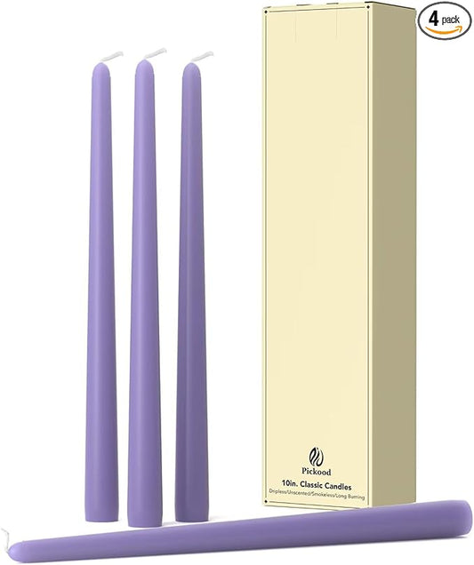 10-Inch Tall Dripless Taper Candles Set of 4 - Lavender Purple Tapered Candles, Perfect for Wedding,Christmas - Smokeless, Unscented, Long Burning - Hand Poured, Colored Tall Candlesticks