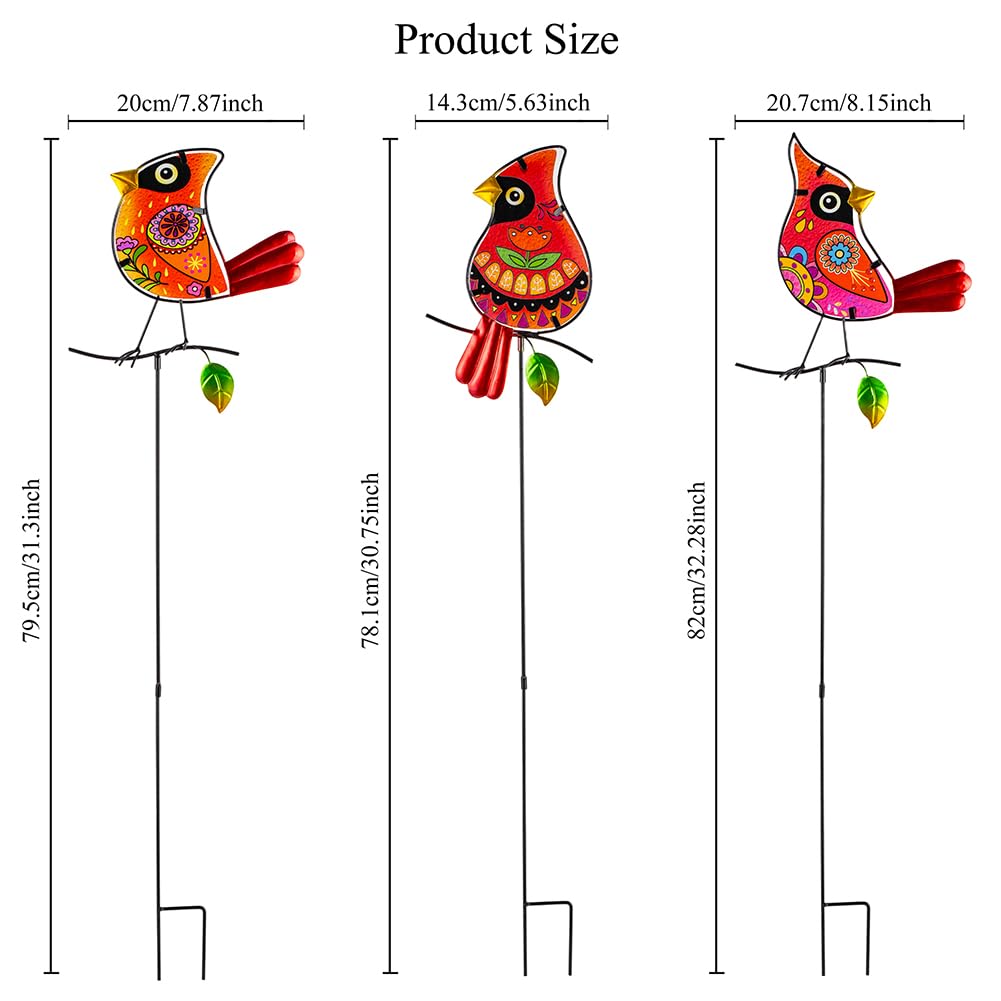SATHGA Decorative Garden Stakes,Set of 3 Cardinal Stained Glass Metal Yard Art,Waterproof Outdoor Decor Housewarming Present for Women Mom Grandma