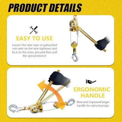 Come Along Winch Puller 3T 10FT, Cable Hoist Winch Puller with 2 Hooks, Come Along Tool Heavy Duty, Ratchet Puller for Lifting Pulling Construction Building