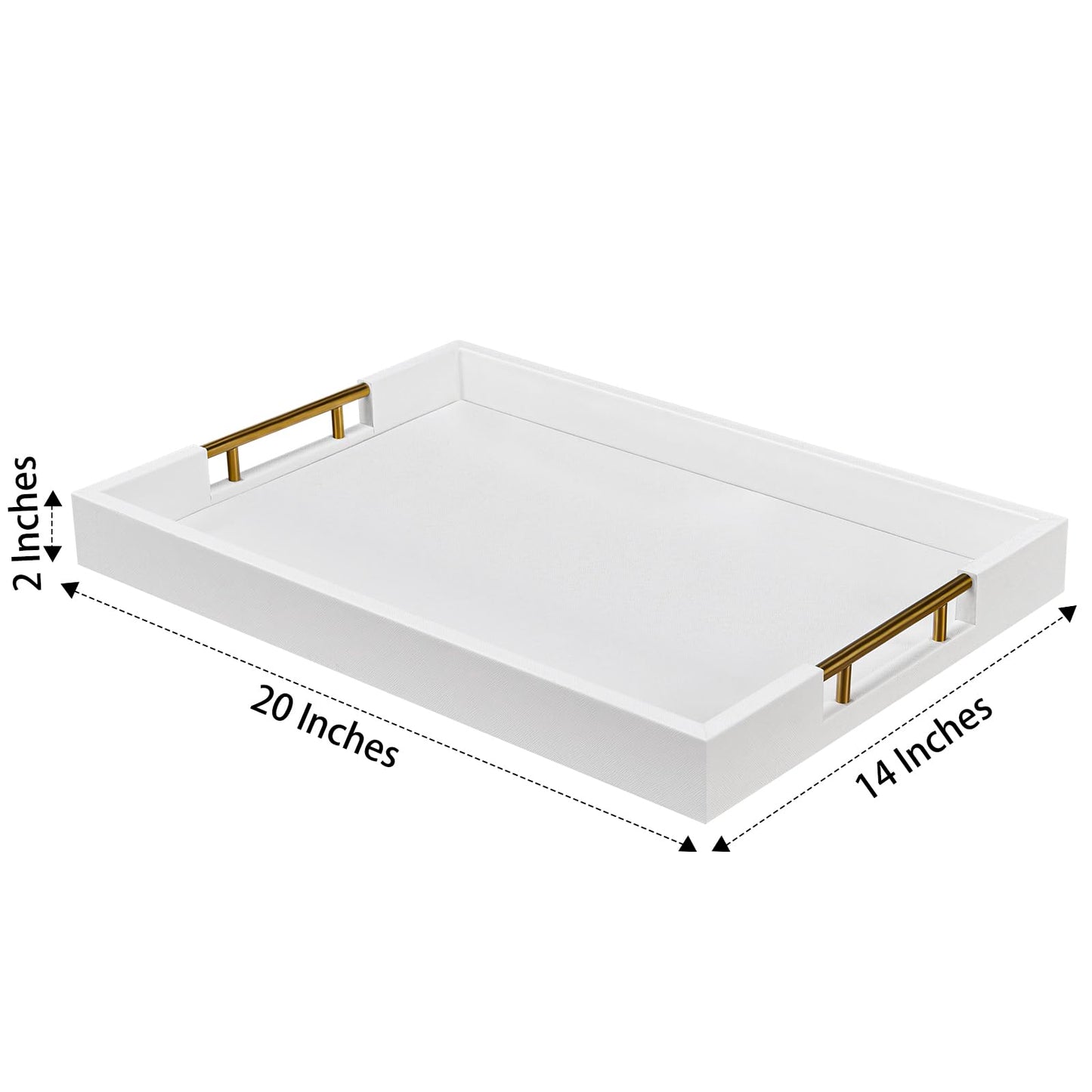 14x20 Inches White Faux Leather Wrapped Wood Serving Tray with Metal Handles for Various Occasions, Ottoman, Home Decor Decorative, Living Room, Coffee Table Organizer, Serving Breakfast On Bed