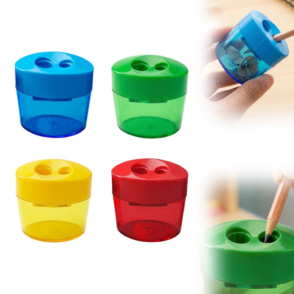 Pencil Sharpeners, 4 /8pcs Pencil Sharpeners Manual, Protable Dual Holes Compact Colored Handheld Pencil Sharpener with Lid for Artists Classroom School Office (4PCS-A)