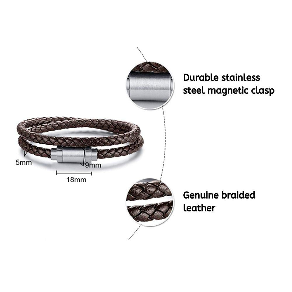 Globi Leather Bracelet For Men | Genuine Wrap Braided Leather Cuff Bangle Bracelet with Magnetic Stainless Steel Clasp For Men/Women (Brown 7”)