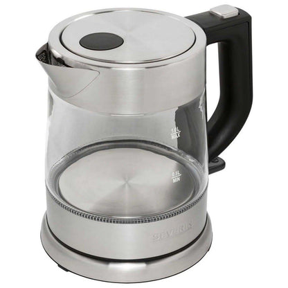 SEVERIN Glass Kettle, Powerful and Compact Kettle in High-Quality Design, Electric Kettle with Limescale Filter, Stainless Steel/Black, WK 3468, Kettle for 1 Litre