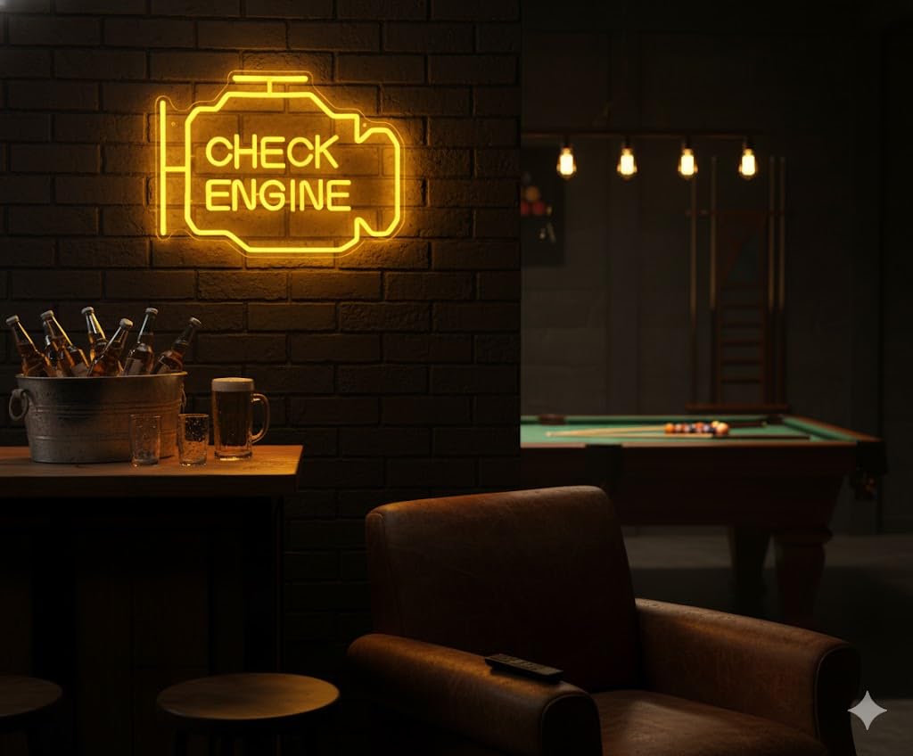 Check Engine Light Neon Sign for Man Cave Decor, LED Garage Wall Art, Funny Gifts for Dad & Car Guys, Man Cave Auto Repair Shop Mechanics Workshop Sign, USB Powered(15.7x11.8in,Yellow)