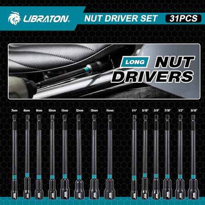 LIBRATON 31PCS Magnetic Nut Driver Set, 1/4" Impact Drill Driver Bit Set, Long Nut Drivers 6INCH, Metric & SAE Nut Drivers for Impact Drill, Socket Set, Impact to Hex Converter, PH1, PH2, Storage Box