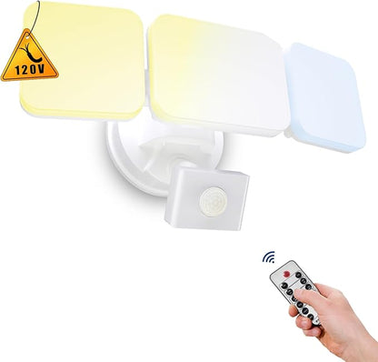 EMANER Flood Lights Motion Sensor Outdoor, Remote Security Light 28W, Dusk to Dawn Always On or Motion Activated On/Off, Tunable Warm White Dimmable for Eave, Garage (White, 1-Pack)