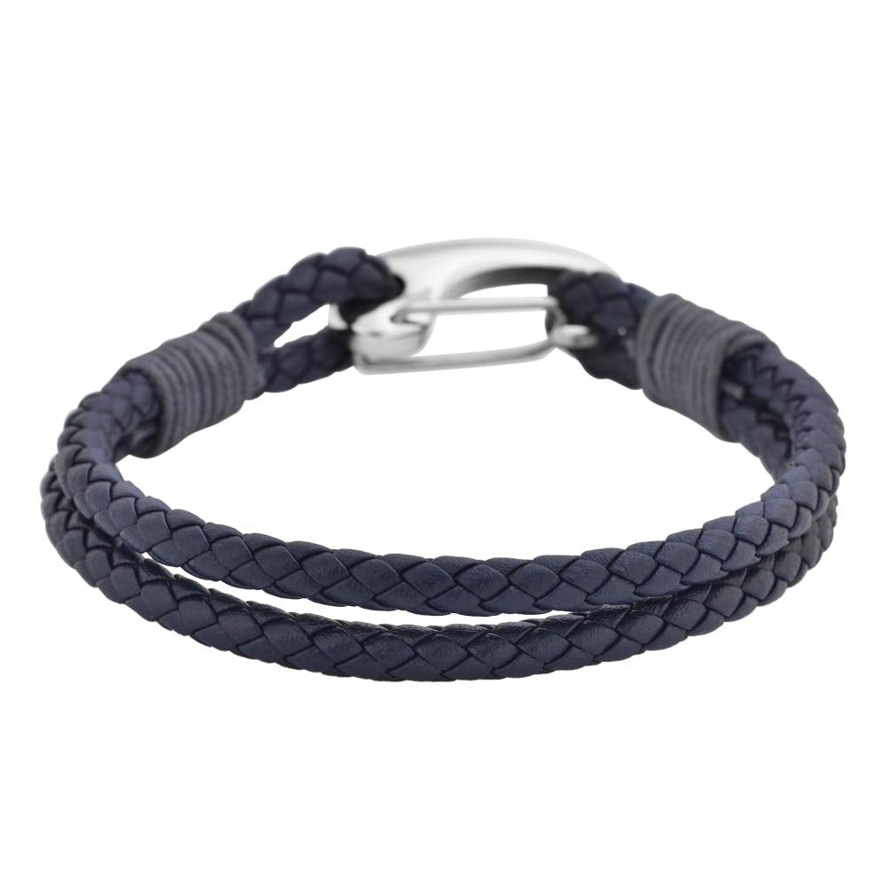 Edforce Braided Genuine Leather 2-Strand Cuff Bracelet with Stainless Steel Clasp (Prussian Blue)