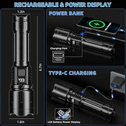 Rechargeable Flashlight 99000 High Lumens, LED Super Bright Flash Light, Tactical Flashlights with LCD Power Display, 6 Modes, Waterproof, Brightest Flashlight for Emergencies Camping