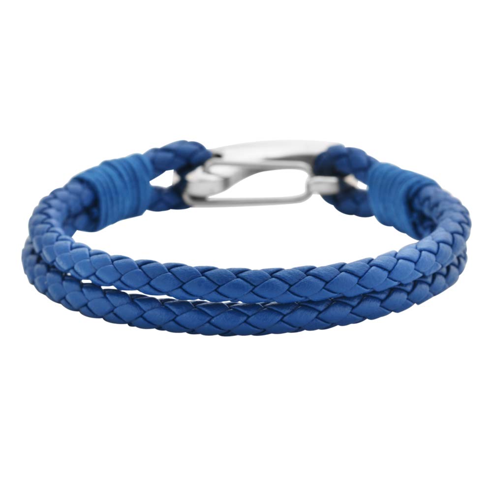 Edforce Braided Genuine Leather 2-Strand Cuff Bracelet with Stainless Steel Clasp (Blue)