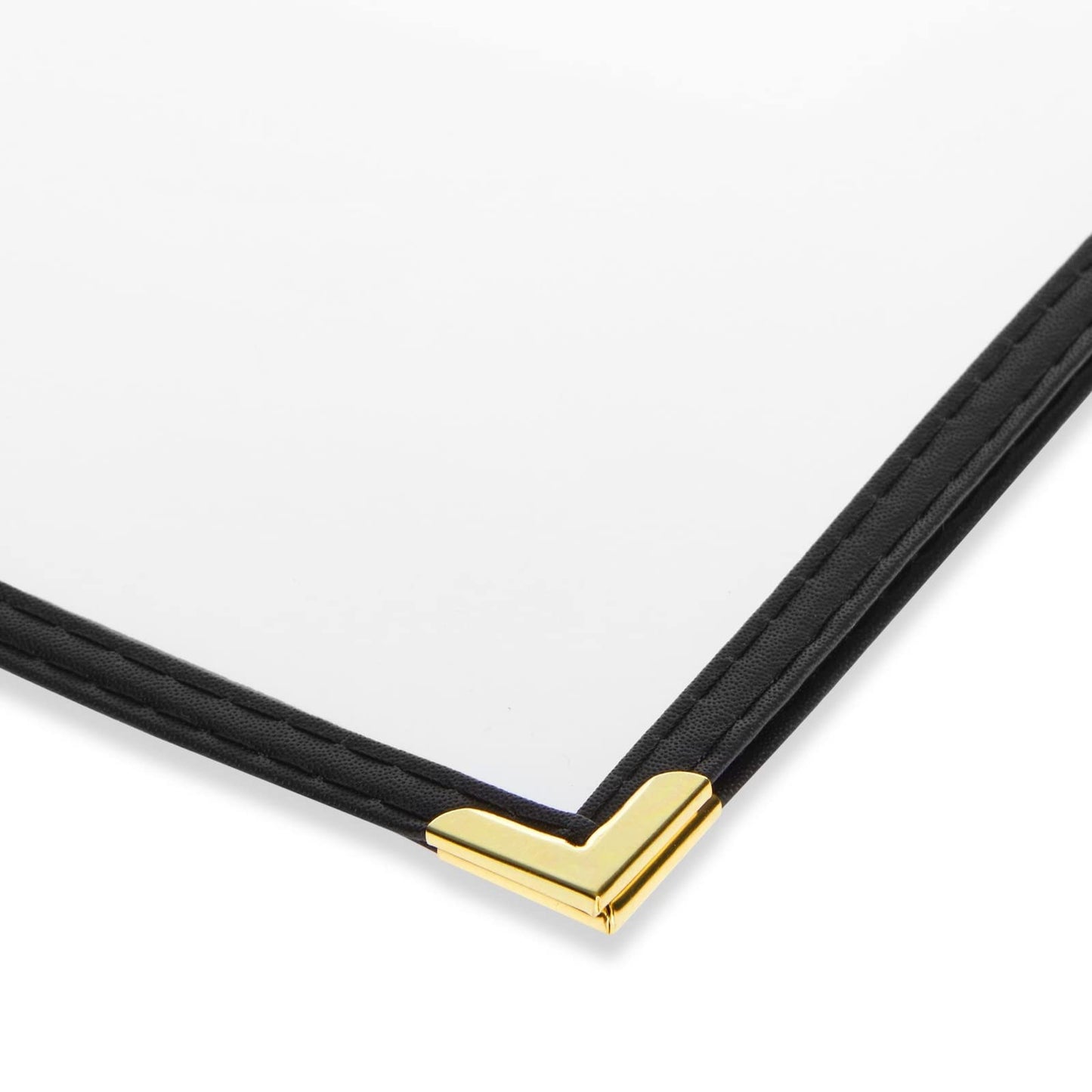 Juvale Clear Menu Covers 8x11 in 4 View - 12-Pack, Letter Size Black PU Leather - Double Panel Clear Sleeves & Gold Metal Corners - Menu Holders for Restaurants & Bars