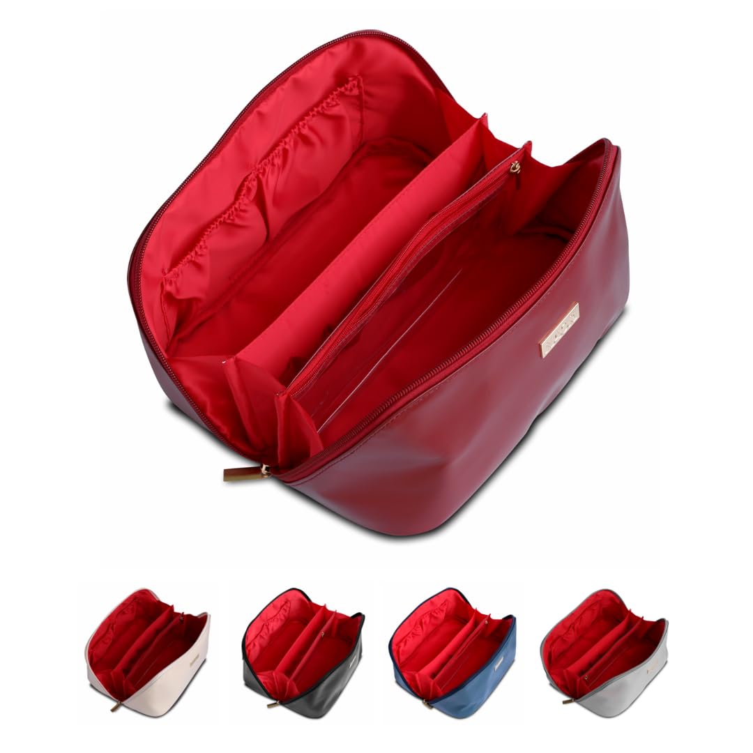 NAORI Travel Makeup Bag for Women | Large Luxury Cosmetic Organizer with Handle & Inner Pockets | Waterproof Faux LeatherToiletry Bag | Makeup Case for Home, Travel & Gifting (Classic Burgundy)