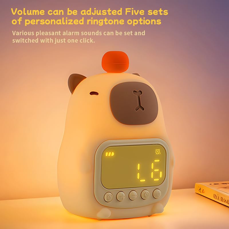 DNBFLLK Capybara Alarm Clock with Night Light for Kids, Cute Toddler Alarm Clocks for Bedrooms Ok to Wake Clocks for Girls and Boys, Rechargeable Silicone Animal Tabletop Lamp for Kid